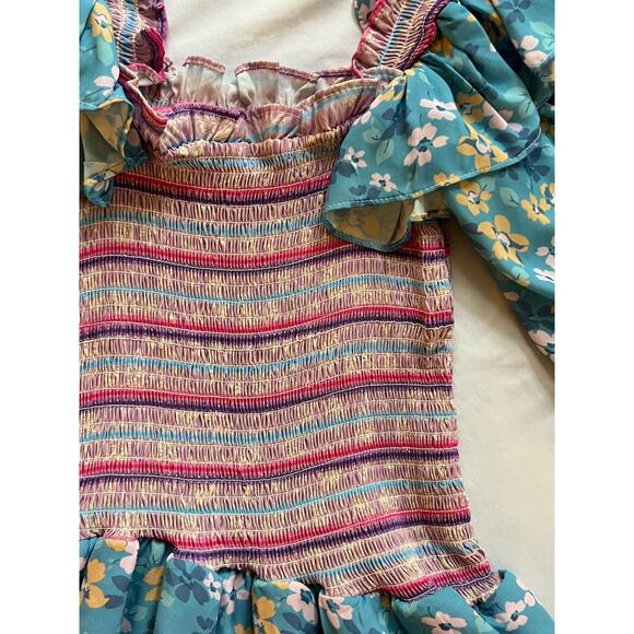 Yvonne & Love Bohemian Puff Sleeve Dress Lg Boho Ruffle Layered Hem Mini - Picture 4 of 9